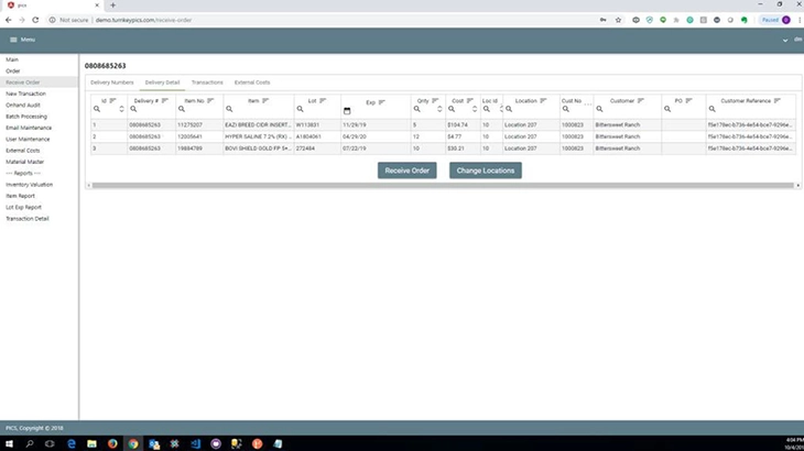 Pharmacy Inventory Control System receive order screen