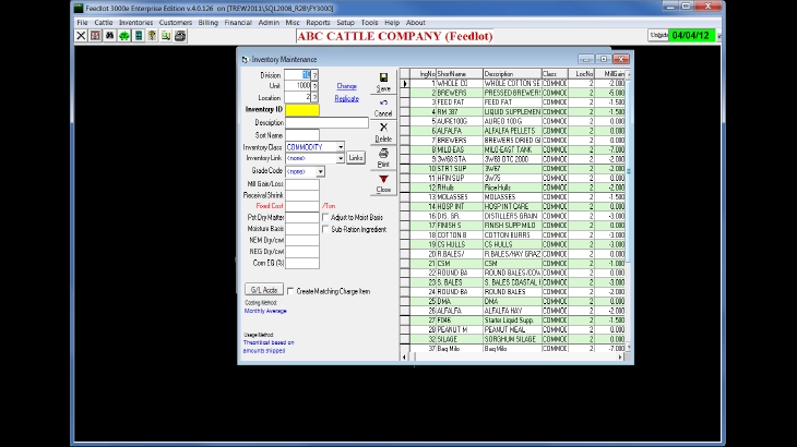 Inventory maintenance screen for Feedyard 3000 Accounting Software 