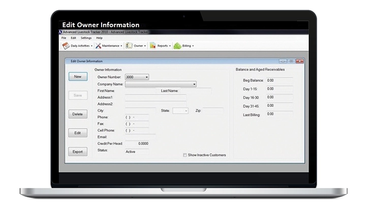 Advanced Livestock Trader software screen showing owner information