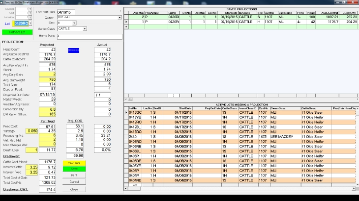 Break even projection screen for Feedyard 3000 Accounting Software 