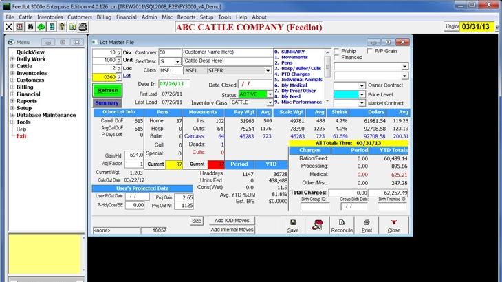 Summary screen of Feedyard 3000 Accounting Software 