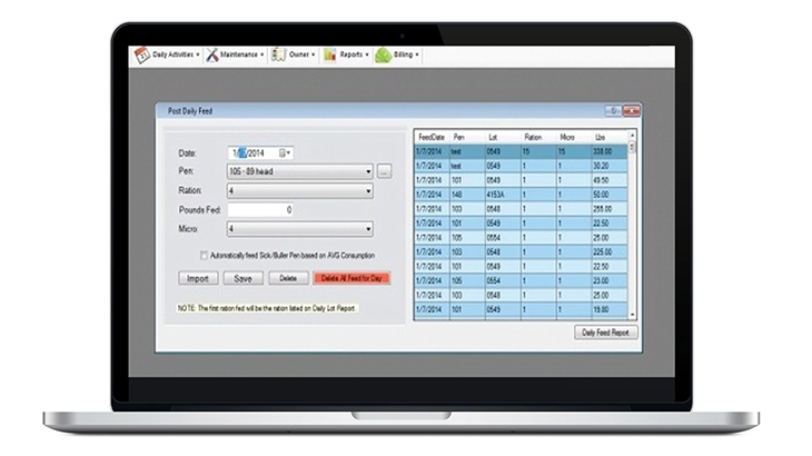 Advanced Livestock Trader software screen showing daily feed rations