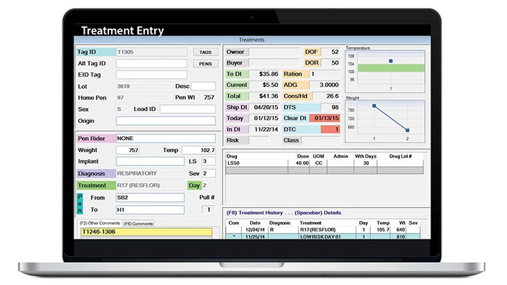 Cattle feeding software screen showing herd health information 