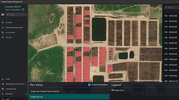 Screenshot showing cattle location by pen and lot