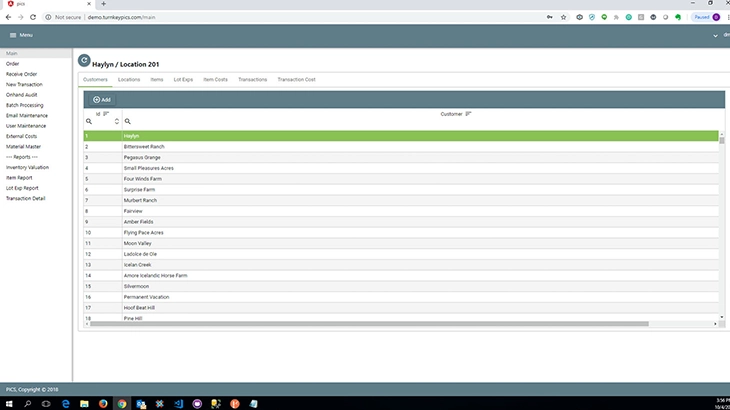 Pharmacy Inventory Control System customer item list screen