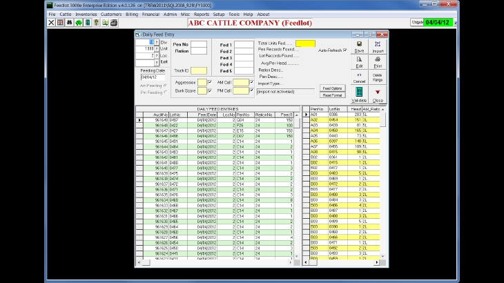 Daily feed entry screen of Feedyard 3000 Accounting Software 