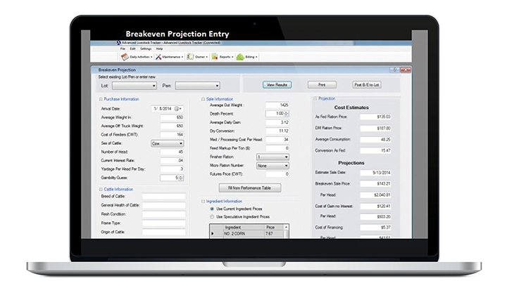 Breakeven projections screen of Advanced Livestock Trader software 